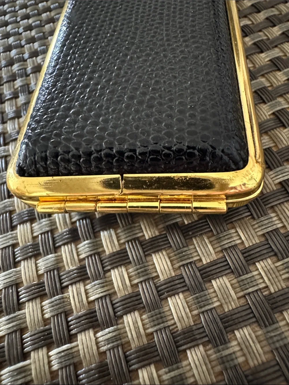 Beautiful Vintage Made In Germany Black Leather and Gold Trim Cigarette Case.